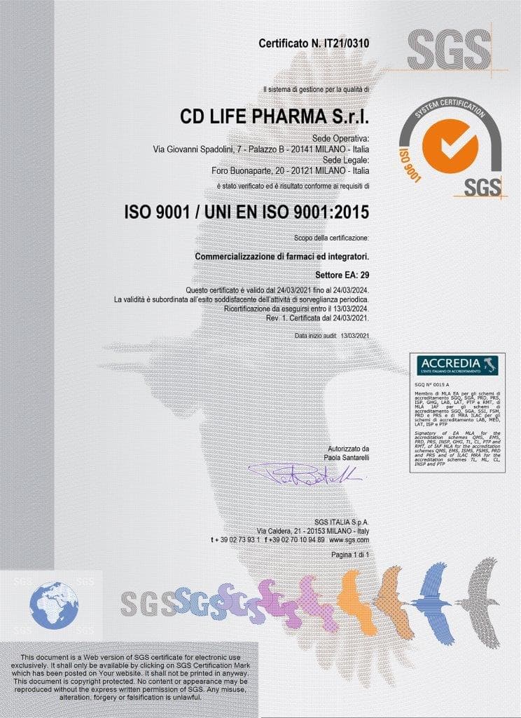 Qualità 1 Certificato di Qualità ISO 9001 per CDlifePharma
